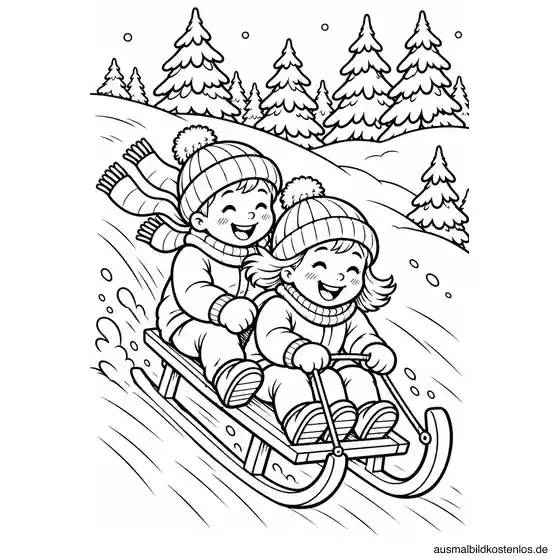 Zwei Kinder fahren auf einem Schlitten den Hügel hinab
