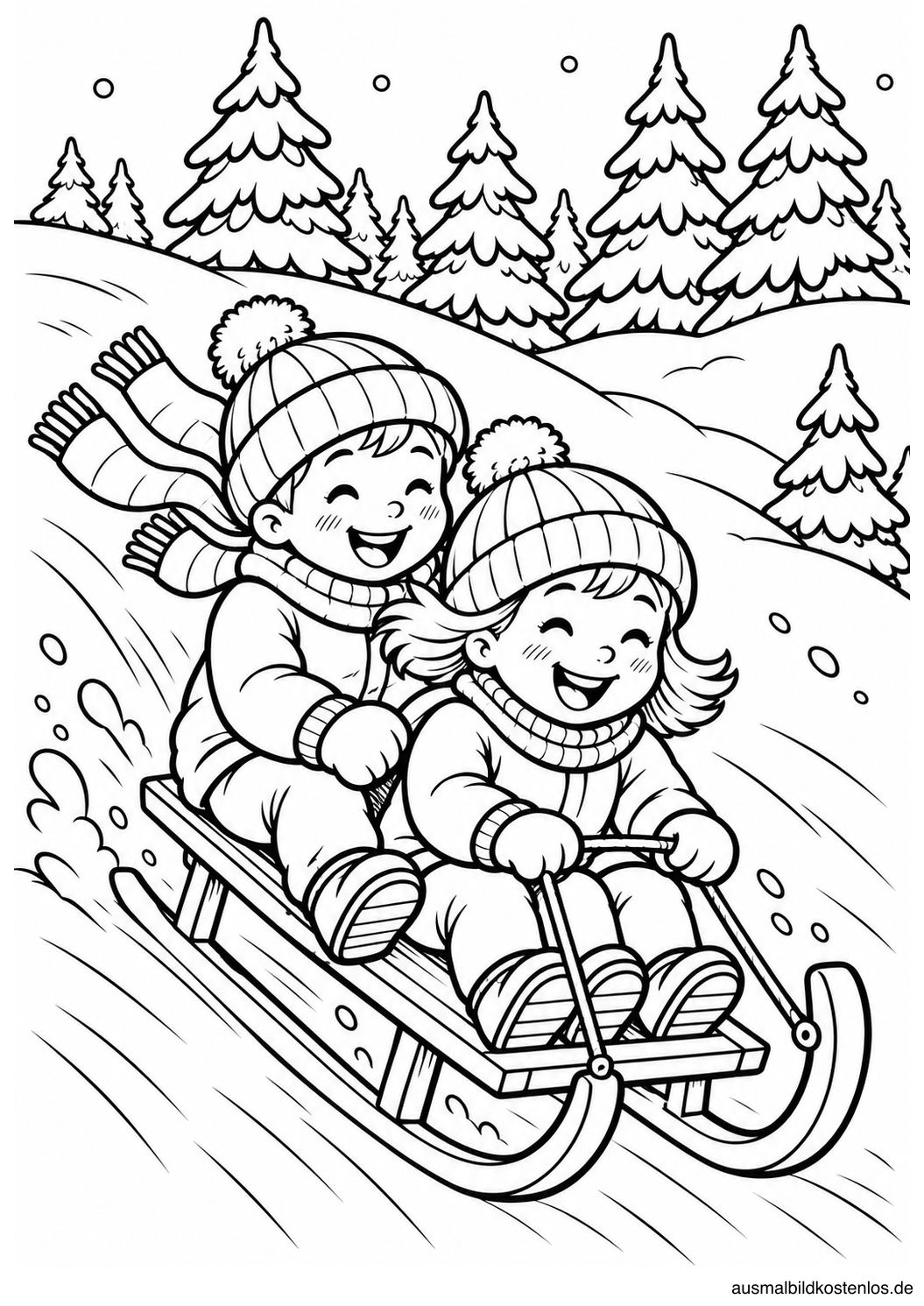 Schwarz-Weiß-Ausmalbild: Zwei Kinder fahren auf einem Schlitten den Hügel hinab