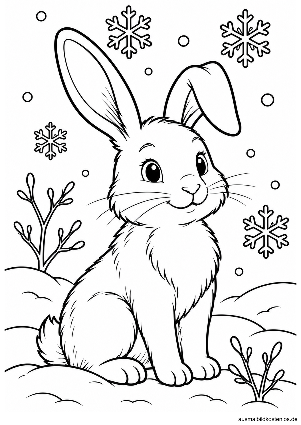 Schwarz-Weiß-Ausmalbild: Kleiner Winterhase mit langen Ohren im Schnee