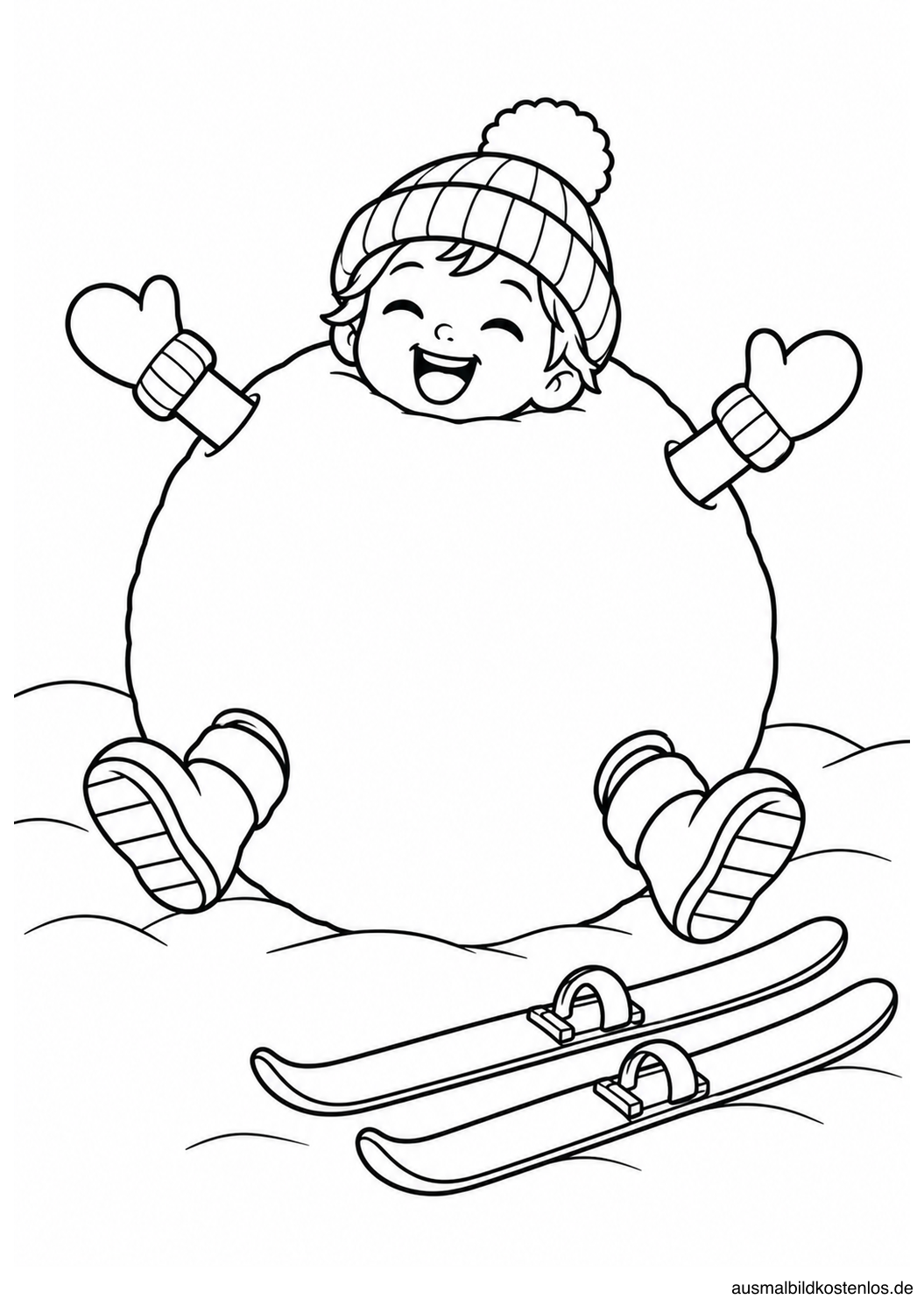Lachendes Kind in einem riesigen Schneeball neben zwei abgelegten Skiern
