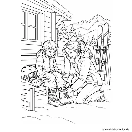 Mama hilft ihrem Kind mit dem Skischuh