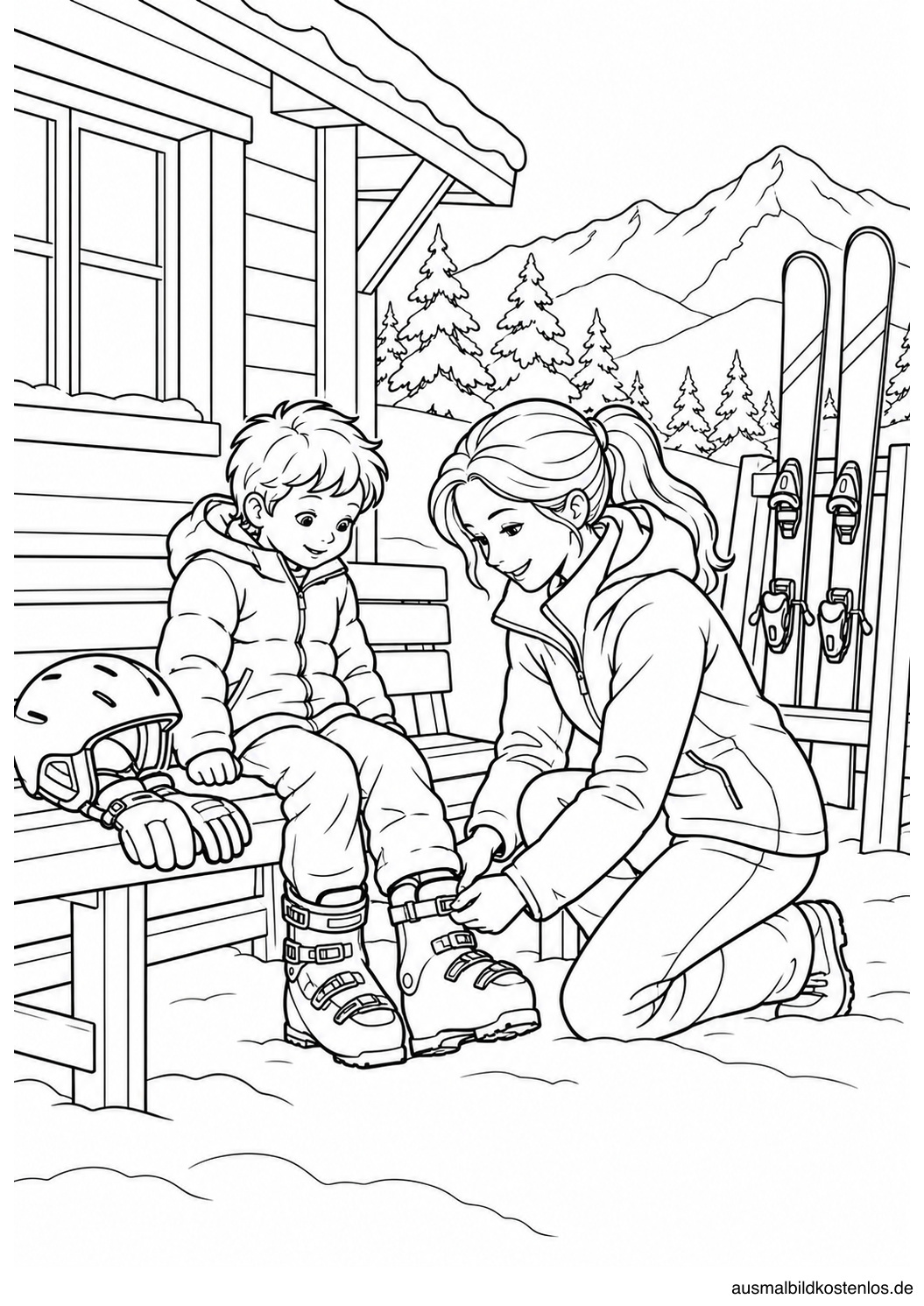 Mutter schließt den Skischuh eines Kindes auf einer Bank neben Helm und Handschuhen