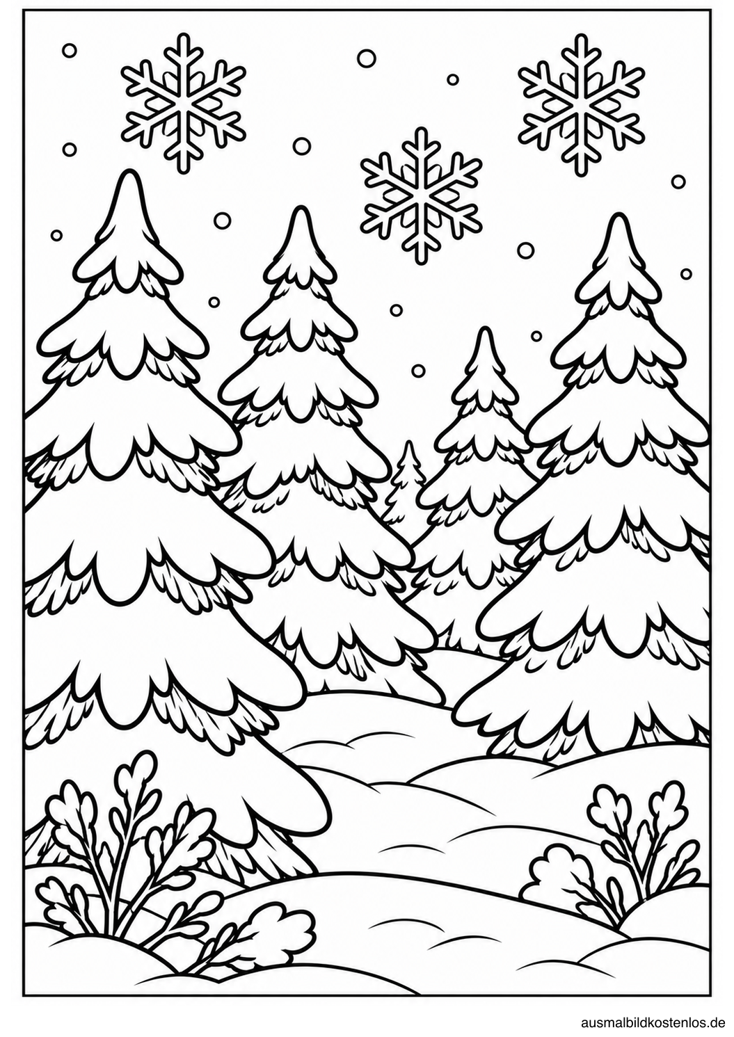 Schwarz-Weiß-Ausmalbild: Ruhiger Winterwald mit großen Schneeflocken