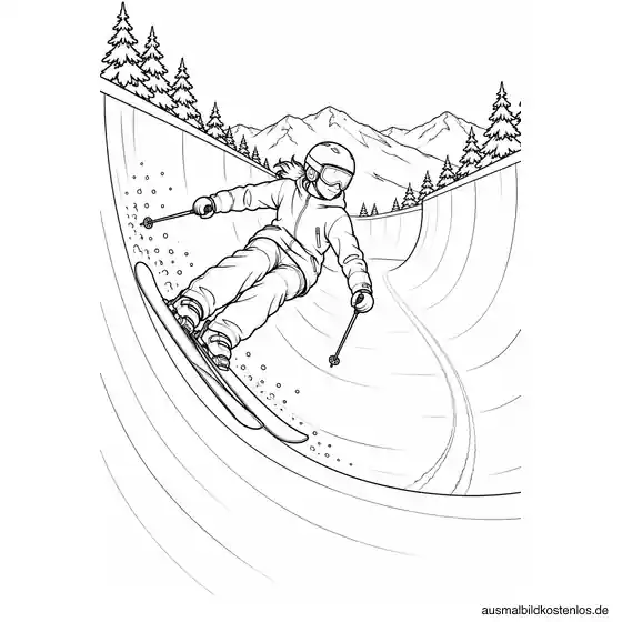 Junger Skifahrer mit Helm und parallelen Skiern an der gebogenen Wand einer Halfpipe