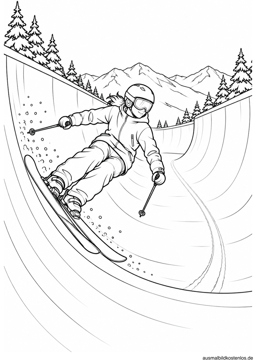 Junger Skifahrer mit Helm und parallelen Skiern an der gebogenen Wand einer Halfpipe