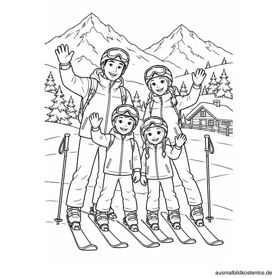 Zwei Eltern und zwei Kinder winken auf Skiern vor einer Hütte und verschneiten Bergen