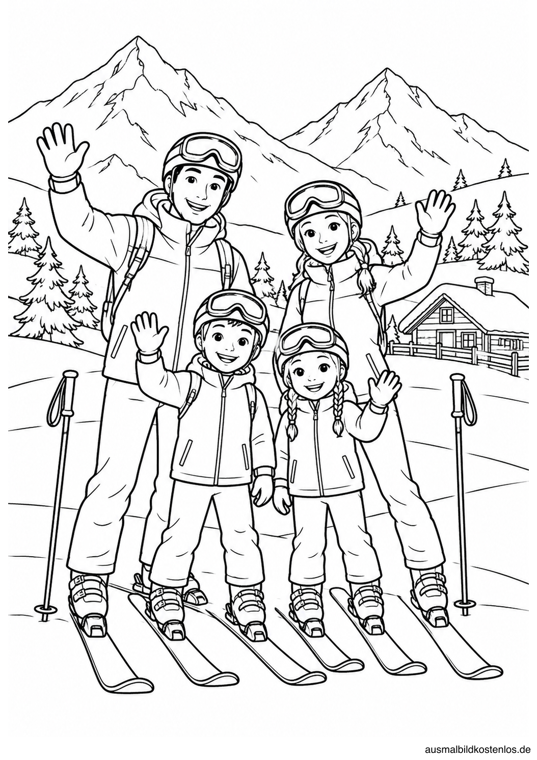 Zwei Eltern und zwei Kinder winken auf Skiern vor einer Hütte und verschneiten Bergen
