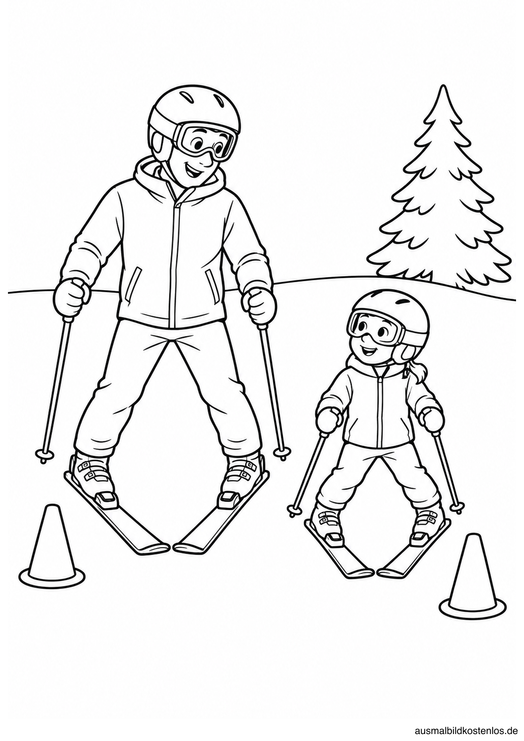 Papa und Kind mit Helm beim Skiüben zwischen zwei Kegeln vor einer Tanne