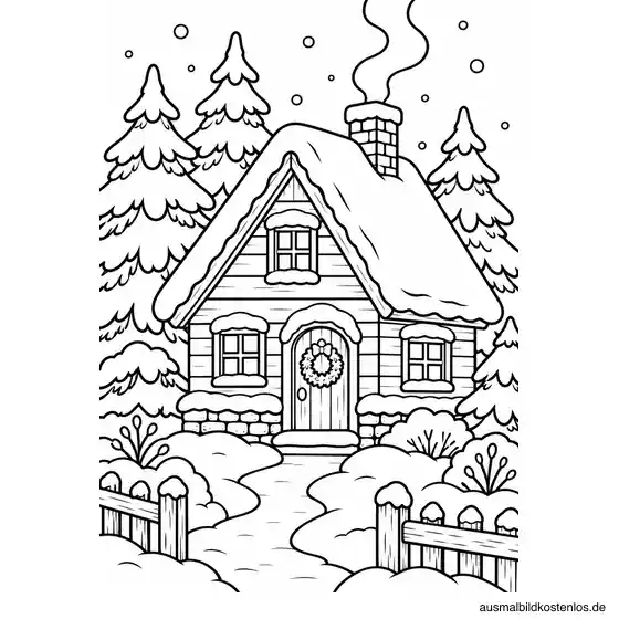 Verschneites Winterhaus mit Tannen und Rauchfang