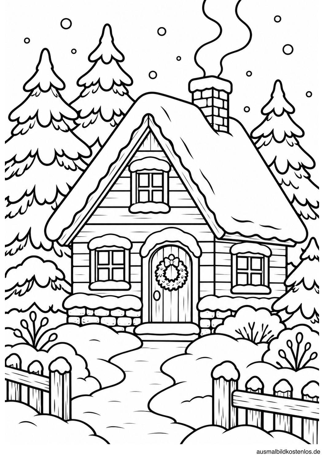 Schwarz-Weiß-Ausmalbild: Verschneites Winterhaus mit Tannen und Rauchfang