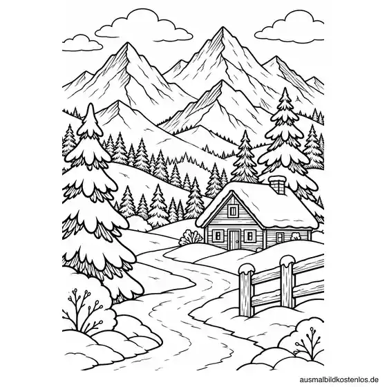 Winterlandschaft mit Bergen, Tannen und Berghütte