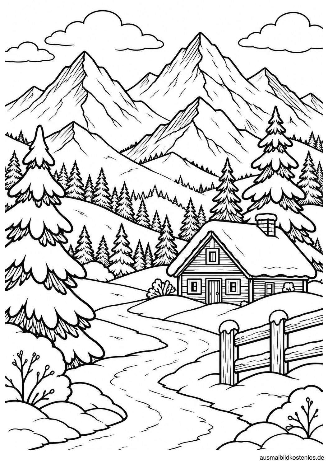Schwarz-Weiß-Ausmalbild: Winterlandschaft mit Bergen, Tannen und Berghütte