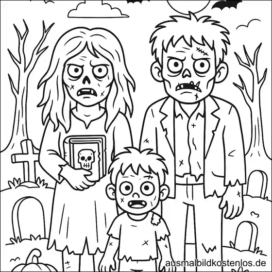 Zombie-Familie Ausmalbild – Friedhof (kostenlos, DIN A4)