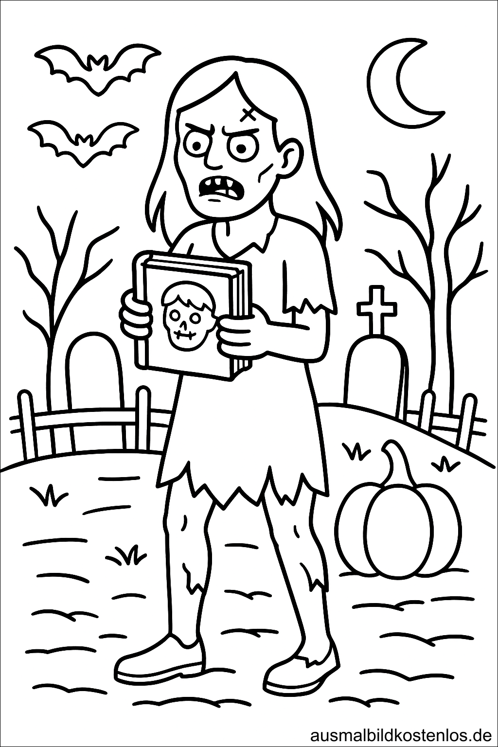 Zombie Frau mit Buch Malvorlage
